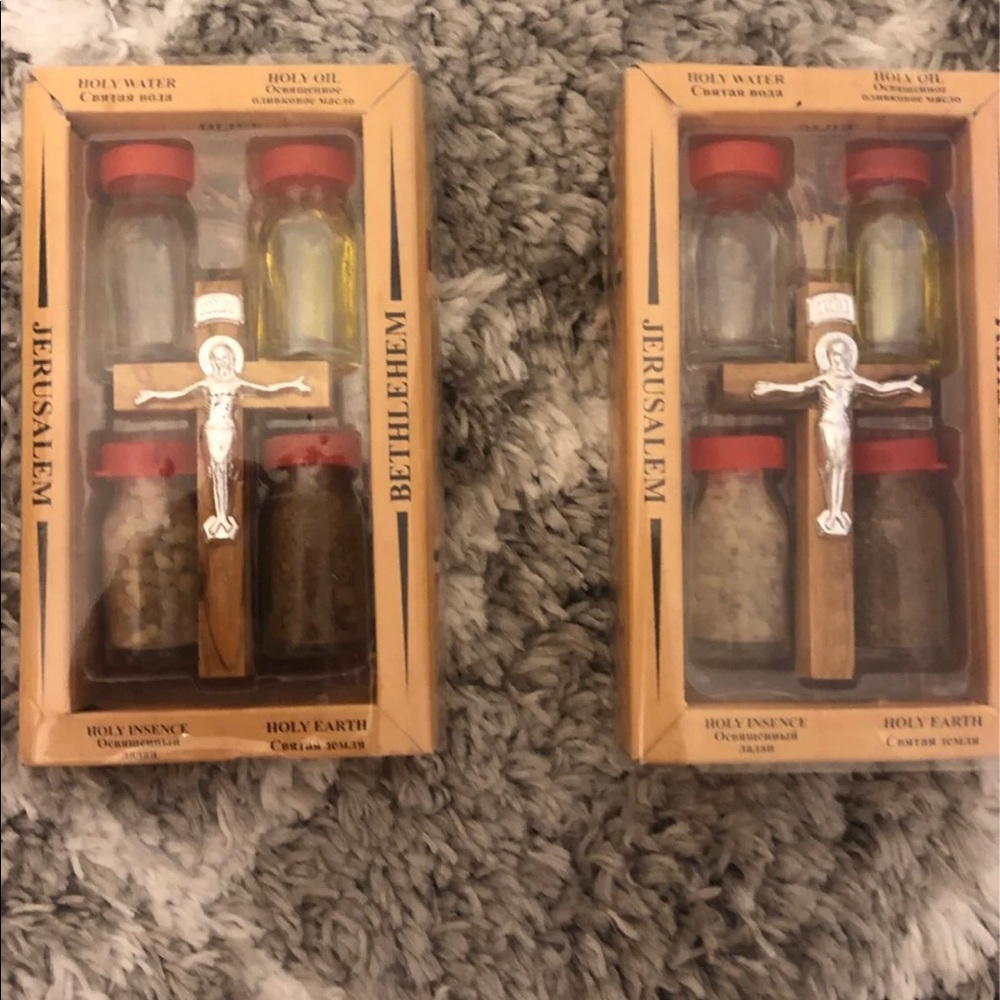 Set of Holy water, incense, earth, oil